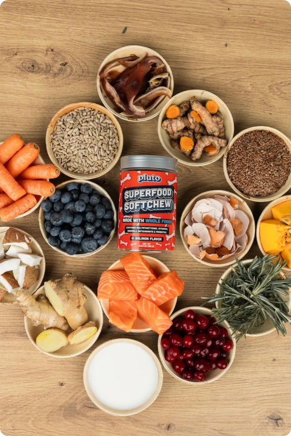 Pluto Superfood Softchew surrounded by whole food ingredients